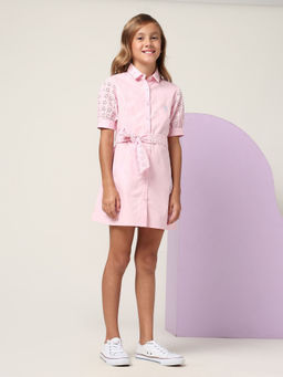 U.S. POLO ASSN. - Girls Pink Schiffli Shirt Dress with Belt