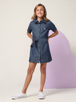 U.S. POLO ASSN. - Girls Solid Denim Shirt Dress with Belt