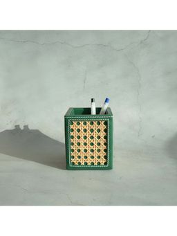 STOR - Emerald Green Pu Leather & Rattan Stationary Holder