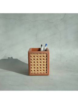 STOR - Tan Brown Pu Leather & Rattan Stationary Holder