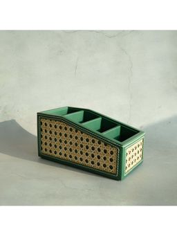 STOR - Emerald Green Pu Leather & Rattan Remote Control Organiser