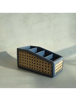 STOR - Steel Blue Pu Leather & Rattan Remote Control Organiser