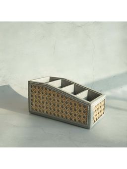 STOR - Stone Gray Pu Leather & Rattan Remote Control Organiser