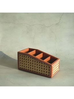 STOR - Tan Brown Pu Leather & Rattan Remote Control Organiser