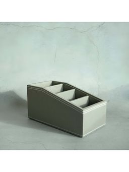 STOR - Stone Gray Pu Leather & Rattan Remote Control Organiser