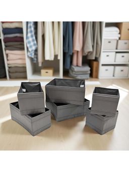STOR - Ash Grey Set Of 6 Foldable Washable Polyester Organizers (Pack of 6)