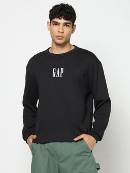 GAP - Black Embroidered Crew Neck Drop-Shoulder T-Shirt
