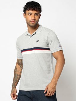 GAP - Grey Horizontal Stripes Polo Neck Slim Polo T-Shirt