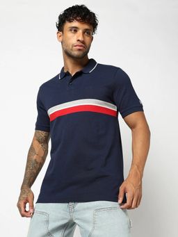 GAP - Navy Blue Horizontal Stripes Slim Fit Polo Neck T-Shirt