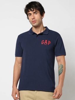 GAP - Navy Blue Logo Print Slim Polo Neck Polo T-Shirt