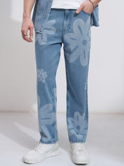 HIGHLANDER - Blue Straight Fit Floral Printed Jeans