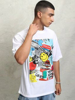 HIGHLANDER - White Printed Round Neck Oversized T-Shirt