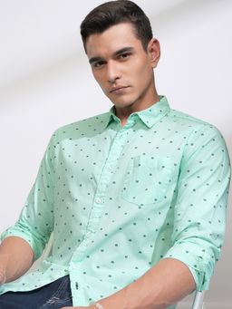 HIGHLANDER - Collar Neck Cotton Printed Green Shirt