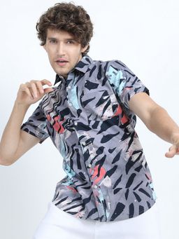 HIGHLANDER - Cotton Printed Half Sleeves Grey Shirt