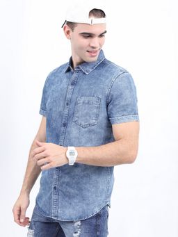 HIGHLANDER - Cotton Blend Solid Blue Shirt