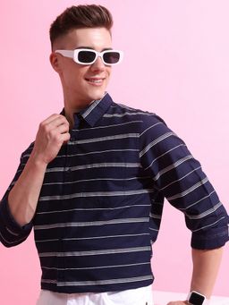 HIGHLANDER - Cotton Stripes Slim Fit Navy Blue Shirt
