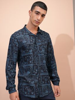 HIGHLANDER - Viscose Printed Navy Blue Shirt