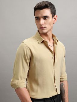 HIGHLANDER - Polyester Blend Solid Khaki Shirt