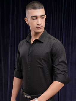 HIGHLANDER - Cotton Blend Self Design Black Shirt