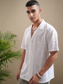 HIGHLANDER - Cotton Self Design White Shirt