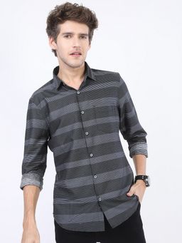 HIGHLANDER - Cotton Stripes Slim Fit Black Shirt