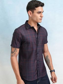 HIGHLANDER - Polyester Checks Navy Blue Shirt
