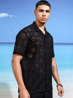 HIGHLANDER - Cotton Self Design Black Shirt