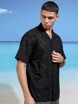HIGHLANDER - Cotton Black Self Design Shirt