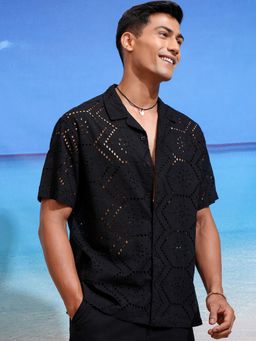 HIGHLANDER - Cotton Self Design Black Shirt