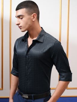 HIGHLANDER - Polyester Blend Self Design Navy Blue Shirt