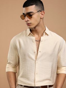 HIGHLANDER - Cream Textured Relaxed Fit Casual Shirt