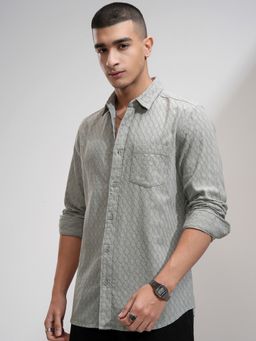 HIGHLANDER - Grey Self Design Slim Fit Casual Shirt