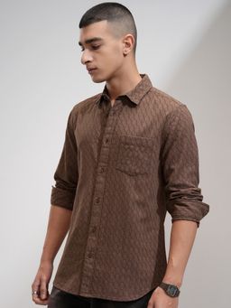 HIGHLANDER - Brown Self Design Slim Fit Casual Shirt
