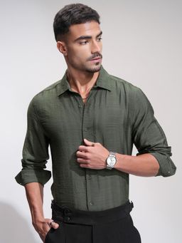 HIGHLANDER - Olive Textured Slim Fit Casual Shirt