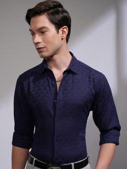 HIGHLANDER - Navy Blue Textured Slim Fit Casual Shirt