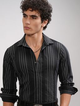 HIGHLANDER - Black Stripes Slim Fit Casual Shirt