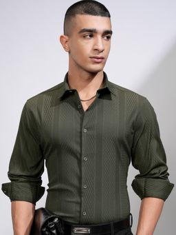 HIGHLANDER - Olive Self Design Slim Fit Casual Shirt
