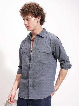 HIGHLANDER - Navy Blue Textured Regular Fit Casual Shirt