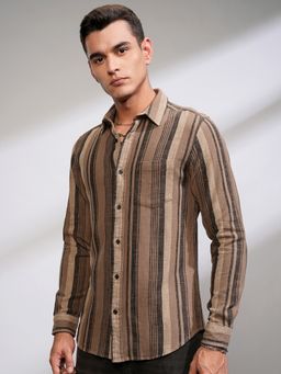 HIGHLANDER - Brown Stripes Slim Fit Casual Shirt