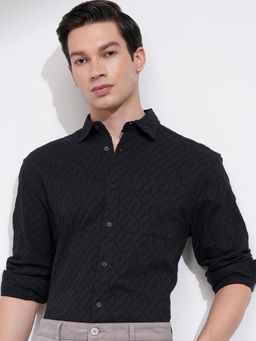 HIGHLANDER - Black Self Design Slim Fit Casual Shirt