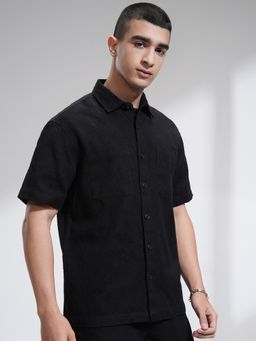HIGHLANDER - Black Self Design Relaxed Fit Casual Shirt