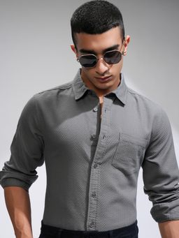 HIGHLANDER - Grey Self Design Slim Fit Casual Shirt