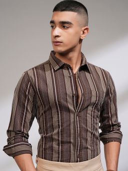 HIGHLANDER - Brown Stripes Slim Fit Casual Shirt