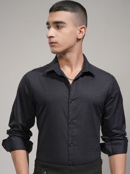 HIGHLANDER - Navy Blue Self Design Slim Fit Casual Shirt