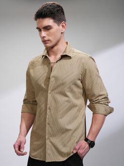 HIGHLANDER - Beige Self Design Slim Fit Casual Shirt