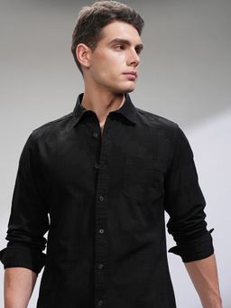 HIGHLANDER - Black Self Design Slim Fit Casual Shirt