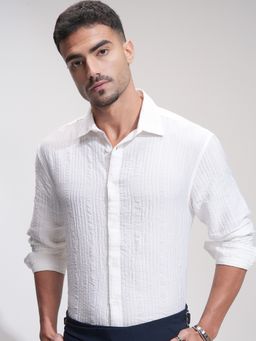 HIGHLANDER - White Self Design Slim Fit Casual Shirt