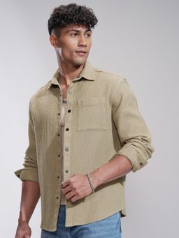 HIGHLANDER - Khaki Textured Regular Fit Casual Shirt