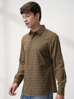 HIGHLANDER - Brown Self Design Slim Fit Casual Shirt