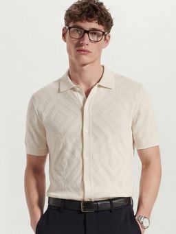 HIGHLANDER - Off White Self Design Regular Fit Casual Shirt